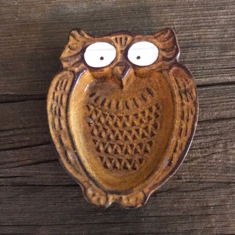 Mino ware Japanese Ceramics Grater tricket Dish Owl Shape Brown made in Japan.
